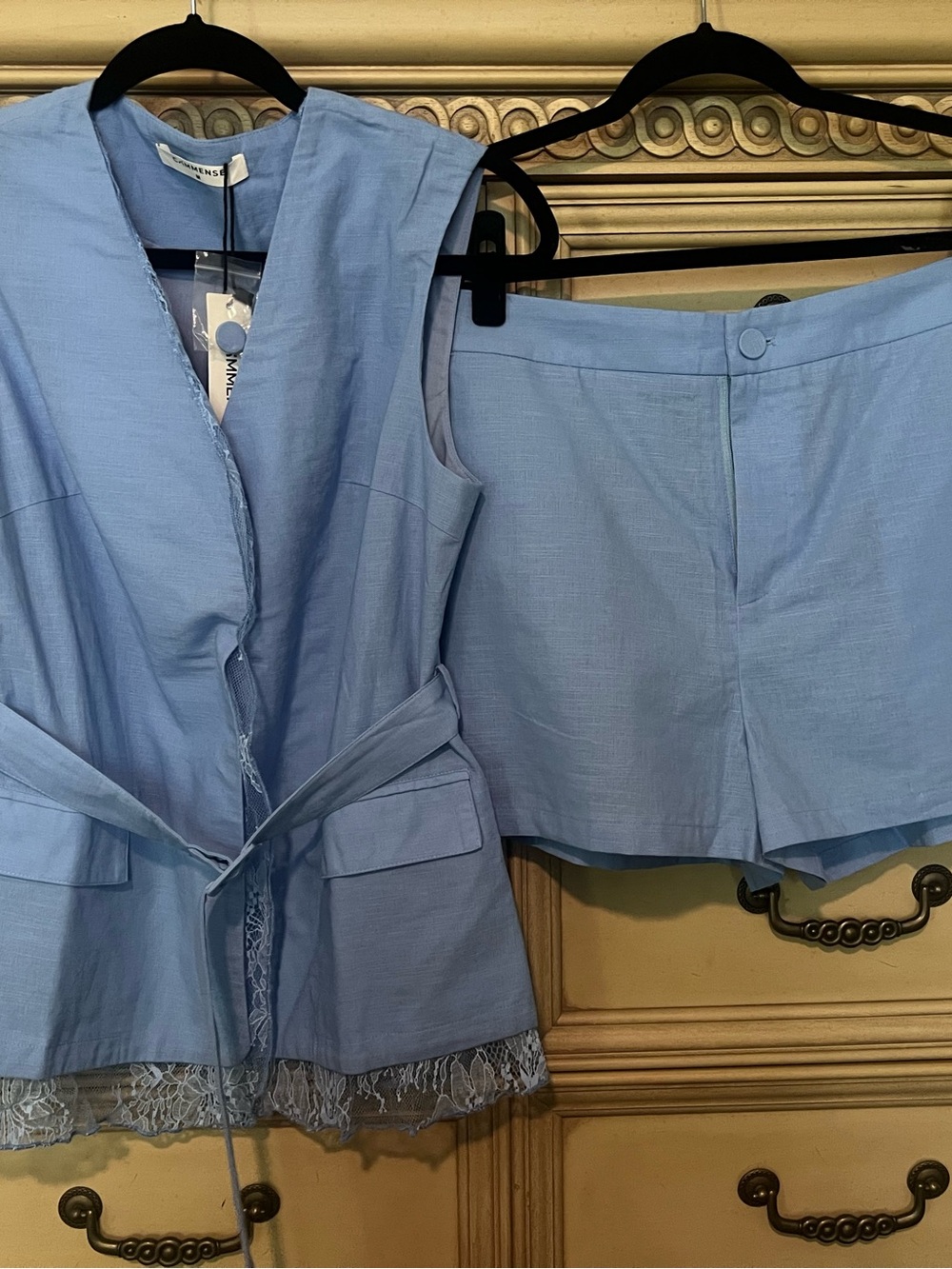 Commense Cotton Linen Blue Lace Belted Vest & Shorts Set M - Picture 8 of 17